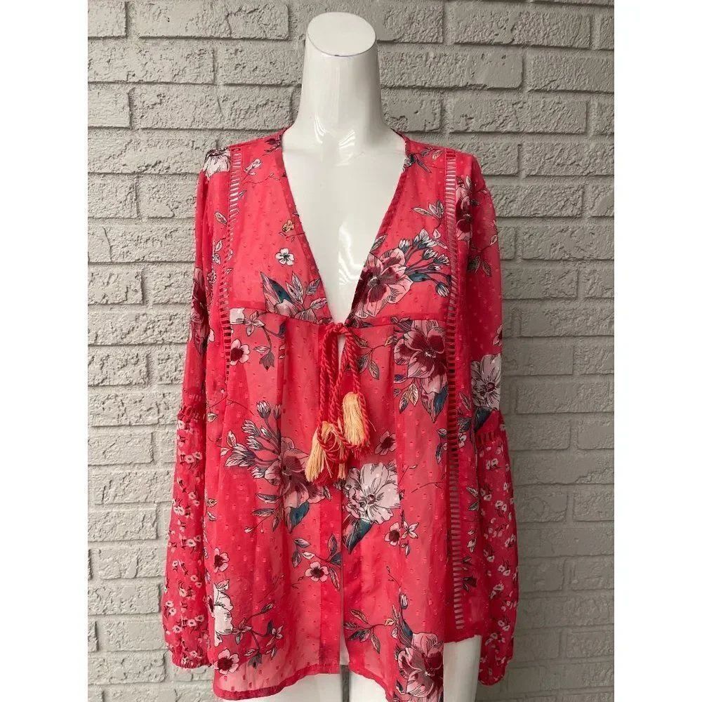 Time Tru Red Women Sheer Tie Front Floral Print Top Size M